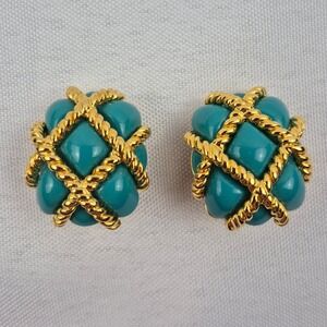Signed KJL Kenneth Jay Lane Teal Quilted‎ Enamel Clip On Earrings Gold Rope VTG